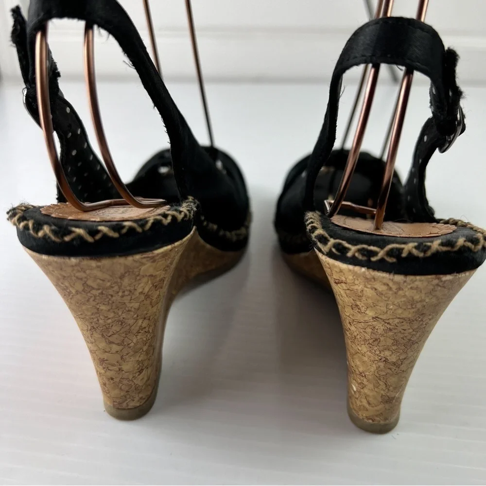 Seychelles SINGAPORE Sandals Womens 8 Cork Wedge Heel Slingback Peep Toe Black